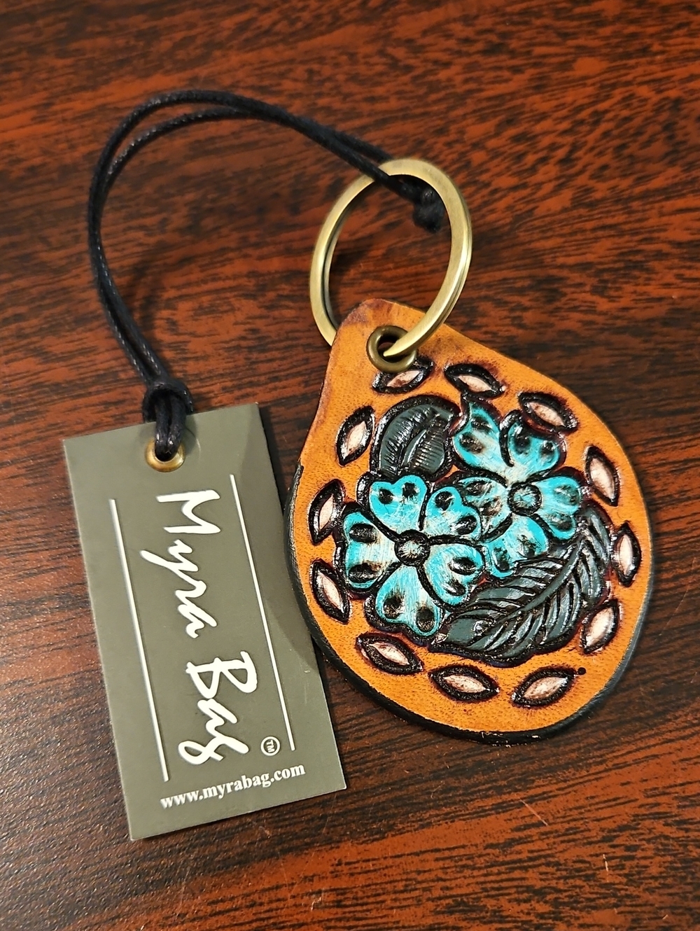 Myra Bag Teardrop Leather Keychain with Turquoise Floral Accent